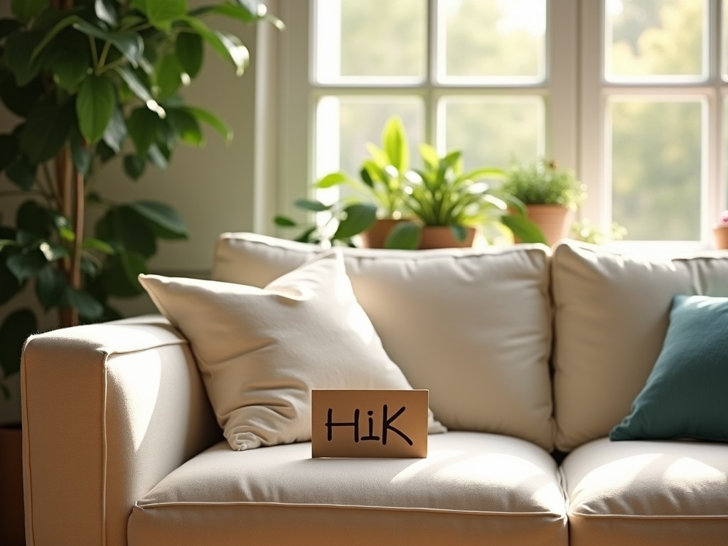 A cozy beige couch in a sunlit living room with a 'HiK' sign, surrounded by green potted plants, styled in a modern and inviting interior decor setup.