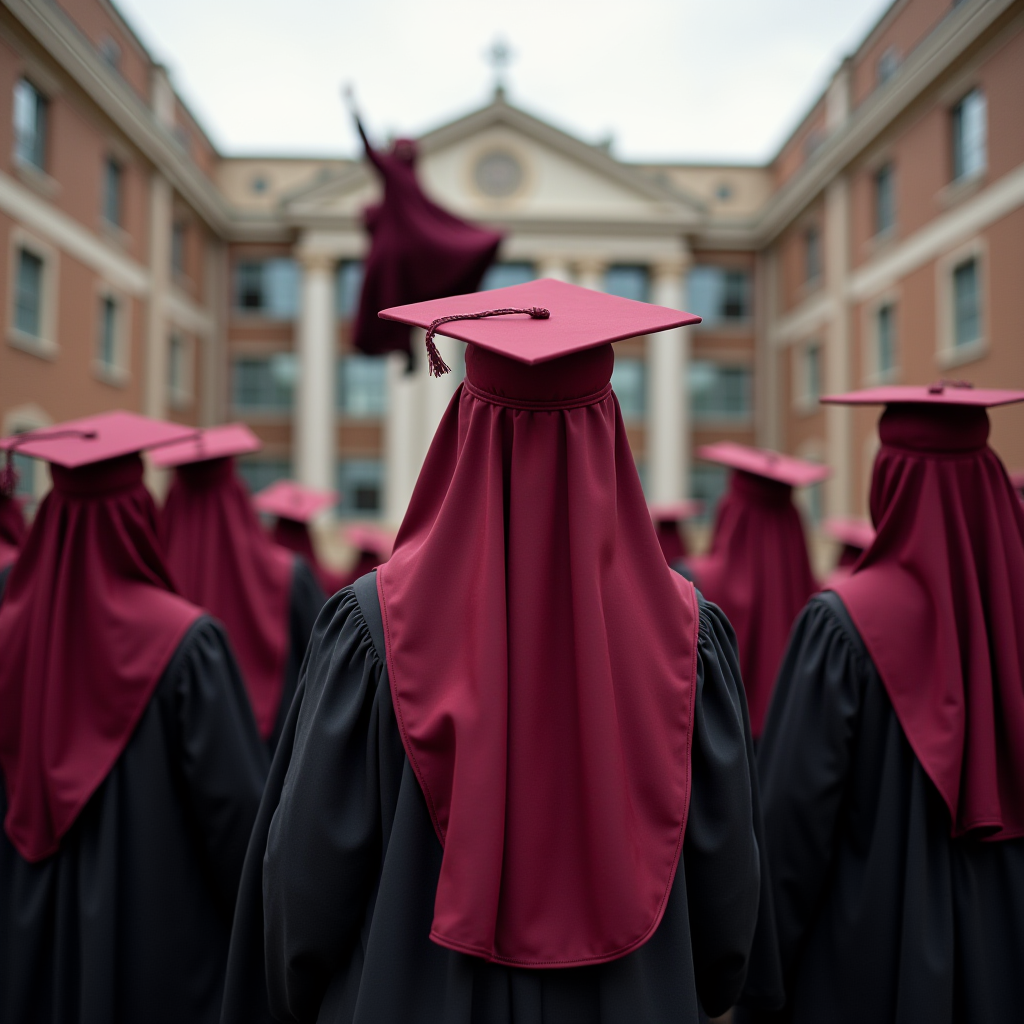 The image depicts a group of graduates in a ceremonial setting, presumably at a university campus. The graduates are wearing maroon graduation caps and gowns with hoods. The setting appears to be a courtyard surrounded by classical architecture, with a prominent building in the background featuring columns and a triangular pediment. One graduate is notably tossing their cap into the air, symbolizing celebration and achievement. The weather seems overcast, providing a neutral backdrop to the vibrant maroon attire.