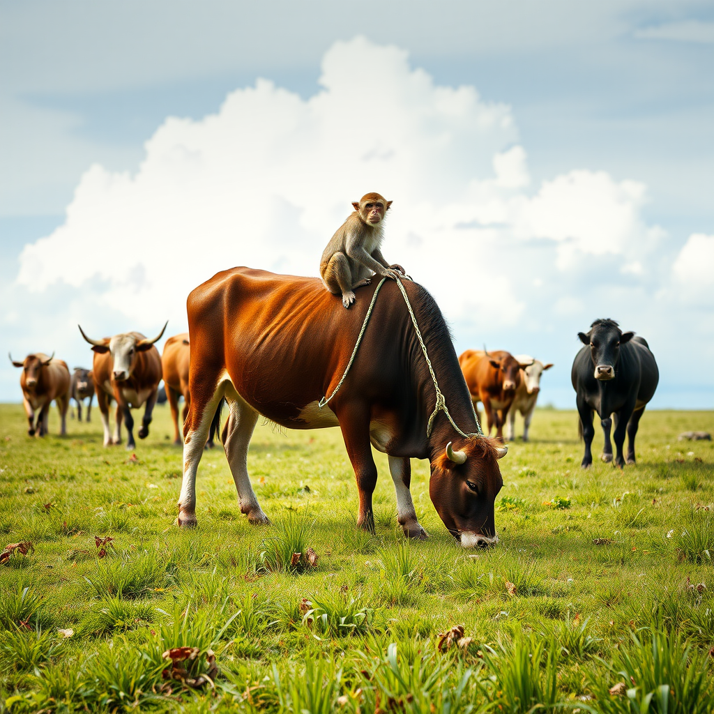 A monkey rides on the back of a cow grazing in a grassy field, surrounded by other cows.