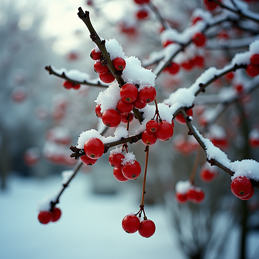 Red berries dusted with snow hang from bare branches in a wintry scene.