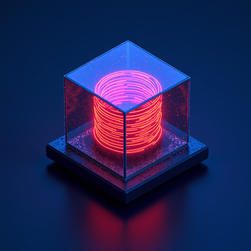 A vibrant, glowing spiral of pink neon light encased within a glass cube resting on a textured black base against a deep blue background.