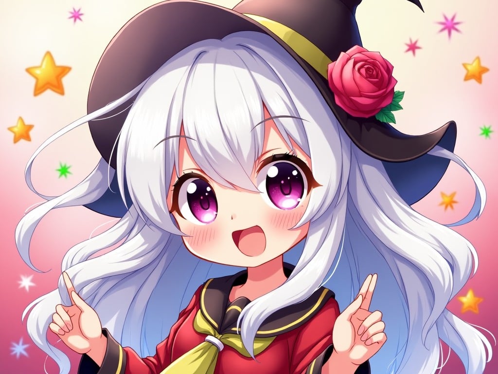 This image features a cute anime girl with striking white hair styled in a playful manner. She wears a vibrant red outfit paired with a black witch's hat, adorned with a pink rose. Her large, expressive eyes are a captivating shade of purple, bringing a cheerful and lively vibe. There are colorful stars and sparkles in the background, enhancing the magical atmosphere of the image. The character is posed with an excited gesture, indicating joy and friendliness, perfect for fans of kawaii and fantasy themes.