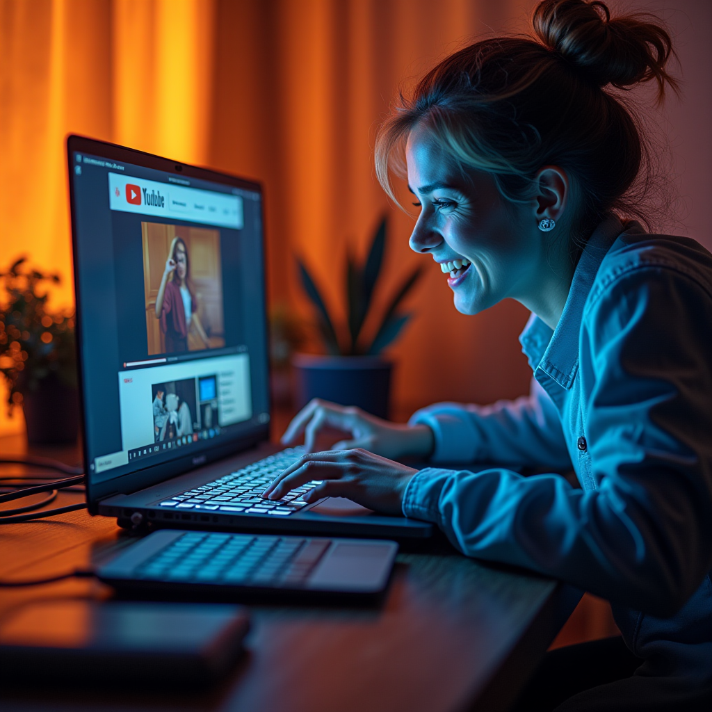 A person smiles while watching videos on a laptop in a warmly lit room.