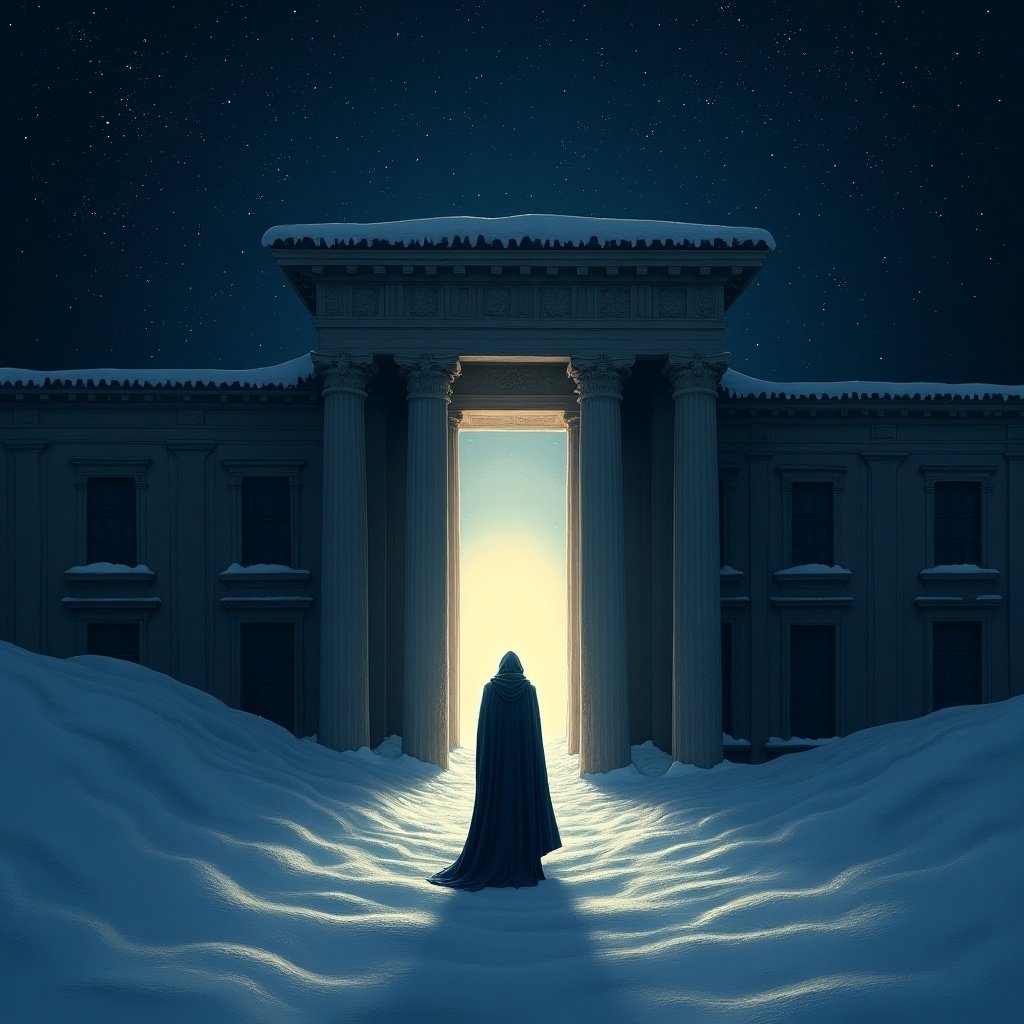 A cloaked figure stands in a snowy landscape in front of an enormous, glowing door. The door is created with ancient architecture, featuring columns and a radiant light that contrasts sharply with the dark, starry night. The snow blankets the ground, creating a serene yet mysterious atmosphere. The focus is primarily on the figure and the door, symbolizing a journey or a significant transition. The imagery evokes feelings of hope and anticipation, inviting viewers to ponder what lies beyond.