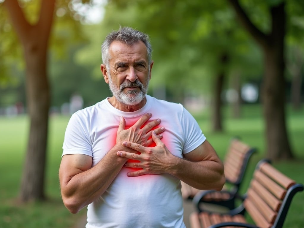 A middle-aged man, dressed in a white t-shirt, stands in a park with a look of discomfort or distress. He clutches his chest with both hands, indicative of experiencing some physical pain or discomfort. The surrounding green trees and empty park benches provide a serene contrast to his apparent condition, with warm, diffused sunlight enhancing the scene's natural setting.