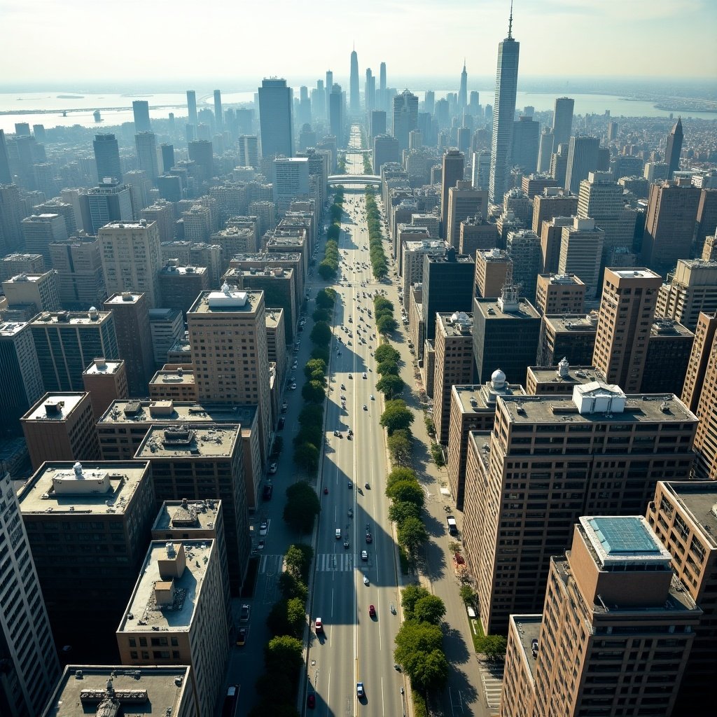 This image showcases a breathtaking aerial view of a bustling city. The photograph captures a wide avenue lined with lush green trees, leading towards a towering skyline. Various buildings of different heights and styles can be seen. The skyline is dominated by iconic skyscrapers, including a mix of modern and historical architecture. The scene is bathed in bright daylight with a few visible clouds, emphasizing the vibrancy of city life.