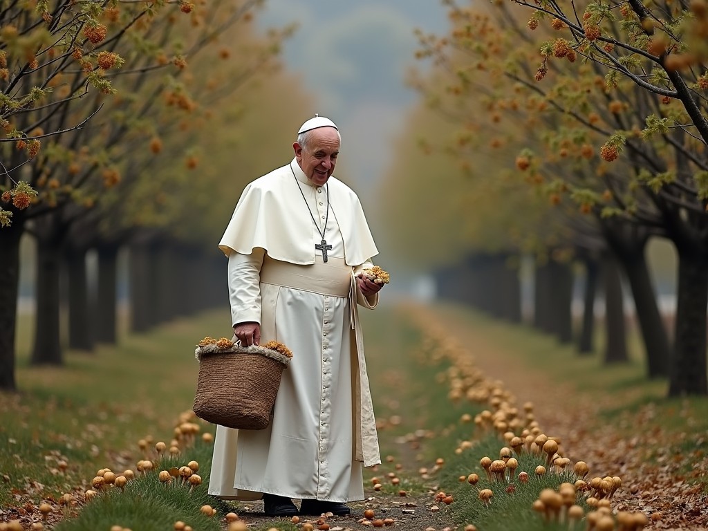 A person dressed in traditional religious attire is strolling through an enchanting avenue of autumn trees, carrying a basket of mushrooms. The fallen leaves create a golden carpet along the path, adding warmth to the scene. The serene expression on the person's face suggests a moment of quiet reflection and peace amidst nature.