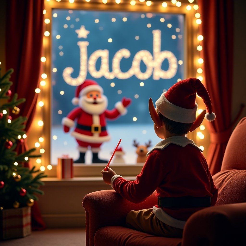 In a cozy room during Christmas, an elf sits with his back to the viewer, gazing outside at a magical scene. He holds a wand, skillfully tracing the name 'jacob'. In the background, Santa Claus appears joyfully, creating a heartwarming holiday atmosphere. The window frame is adorned with twinkling lights, enhancing the enchanting feel of the scene. This delightful image captures the wonder of the holiday season and the joy of personalized magic.