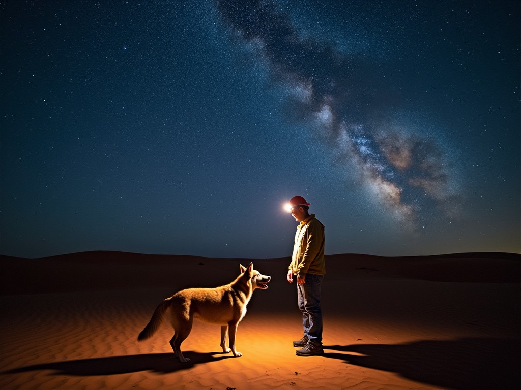 A person in the desert at night with a dog and the Milky Way visible in the sky.