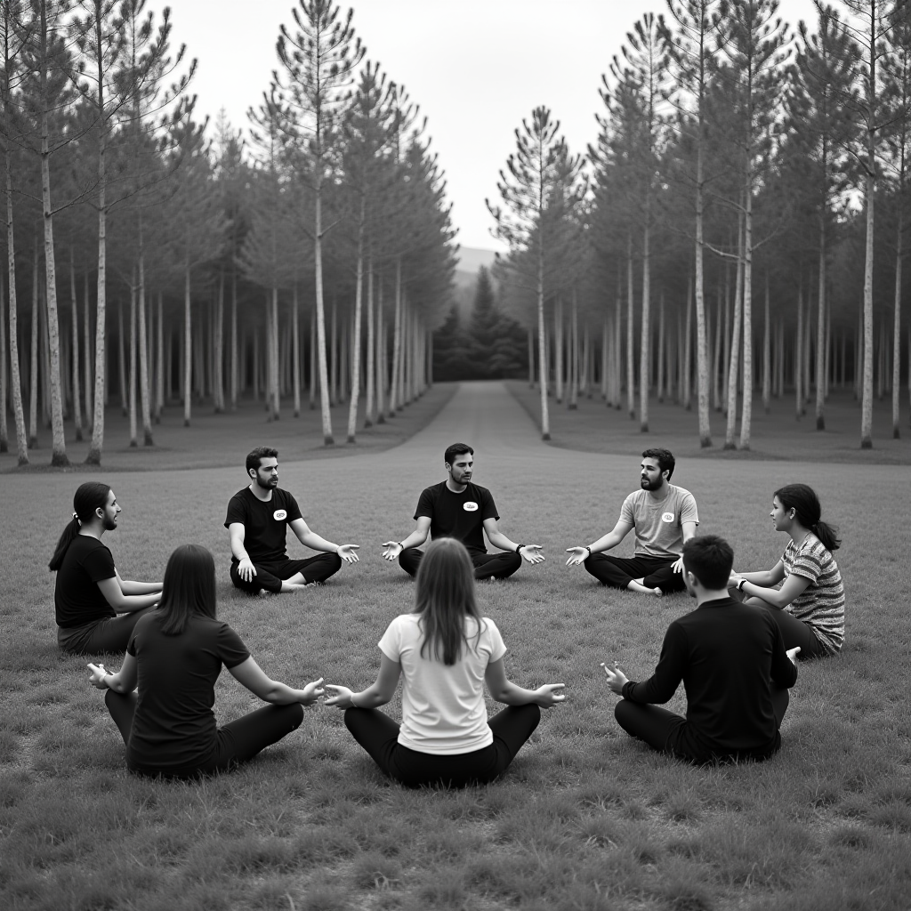 The image features a group of people, both men and women, sitting in a circle on a lush grassy field. They are practicing meditation, suggested by their cross-legged sitting position and relaxed hands resting on their knees with palms up. The setting is highly symmetrical, with rows of tall trees extending into the distance, creating a tranquil forest atmosphere. Everyone is casually dressed in comfortable t-shirts and pants, emphasizing a relaxed, focused ambiance. The image is monochrome, enhancing the serene and timeless quality of the scene.