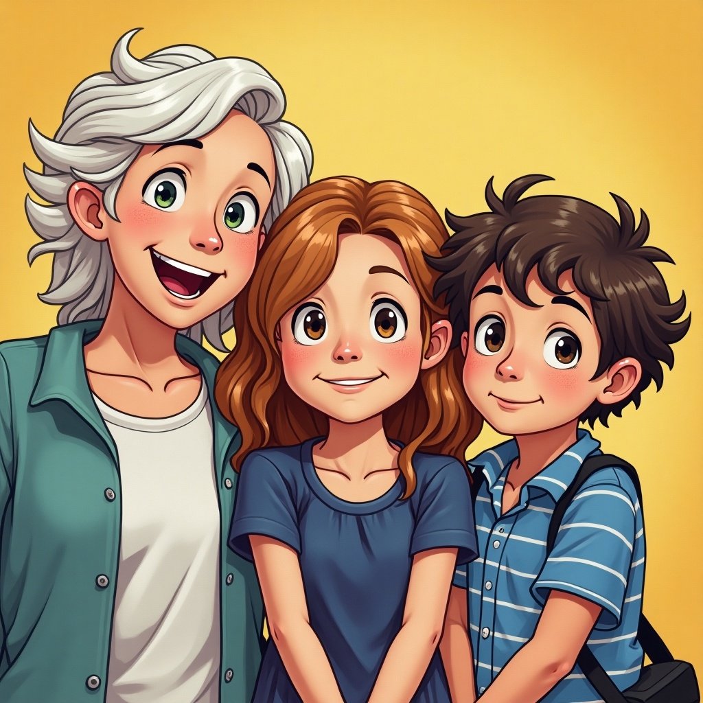 The image features three animated characters: Ella, a girl with long wavy hair, Olivia, a girl with medium-length hair and a friendly smile, and Milo, a boy with short dark hair and a striped shirt. They are all portrayed in a cheerful manner, standing close together against a yellow background. The characters embody friendship and joy, showcasing bright expressions. Ella is wearing a casual top and seems to be the most outgoing. Olivia stands confidently in the middle, while Milo has a playful demeanor. The overall vibe is youthful and engaging, appealing to children and families.