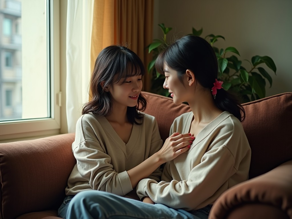 The image captures an intimate moment between two women sitting on a sofa by a window. They are engaged in a warm, affectionate conversation, smiling gently at each other. The room is softly lit by natural light streaming in from the window, creating a cozy and serene atmosphere. A potted plant in the background adds a touch of greenery to the scene, enhancing the tranquil setting.