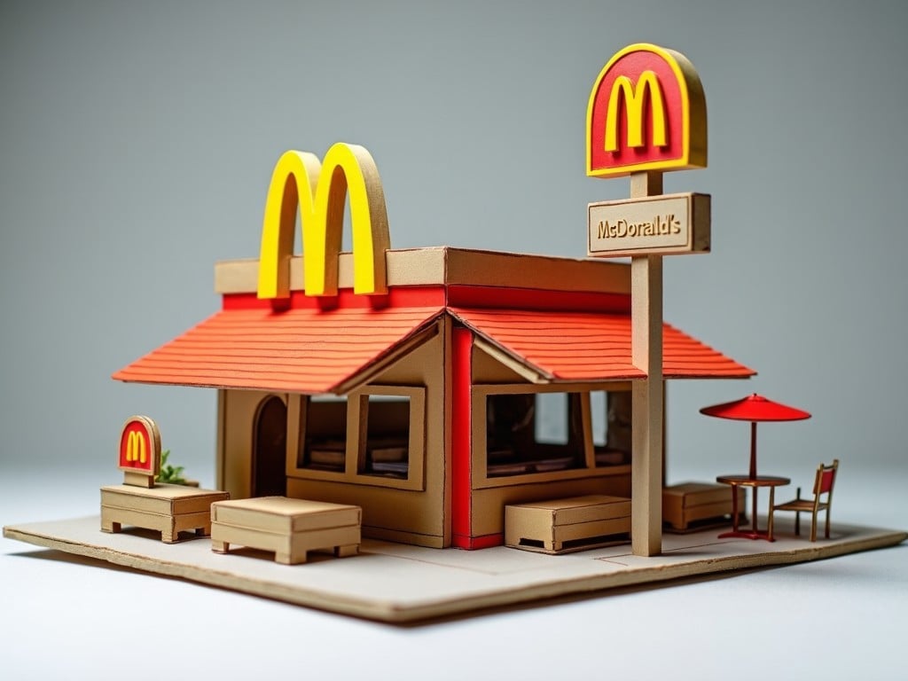 This image features a scale model of a McDonald's restaurant crafted from paper and cardboard. The model showcases the distinctive architecture of the fast-food chain, complete with the iconic golden arches and bright red color scheme. It includes realistic details like tables and chairs, mimicking the outdoor dining experience often found at McDonald's locations. This creative project highlights the fun of crafting and model-making. The overall presentation is simple yet effective, making it an appealing visual for various audiences.