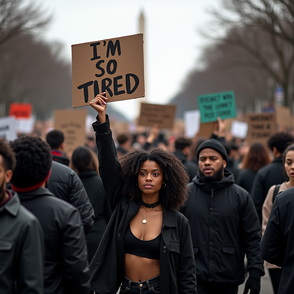 A somber protest scene with a woman holding a sign reading 'I'm So Tired'.