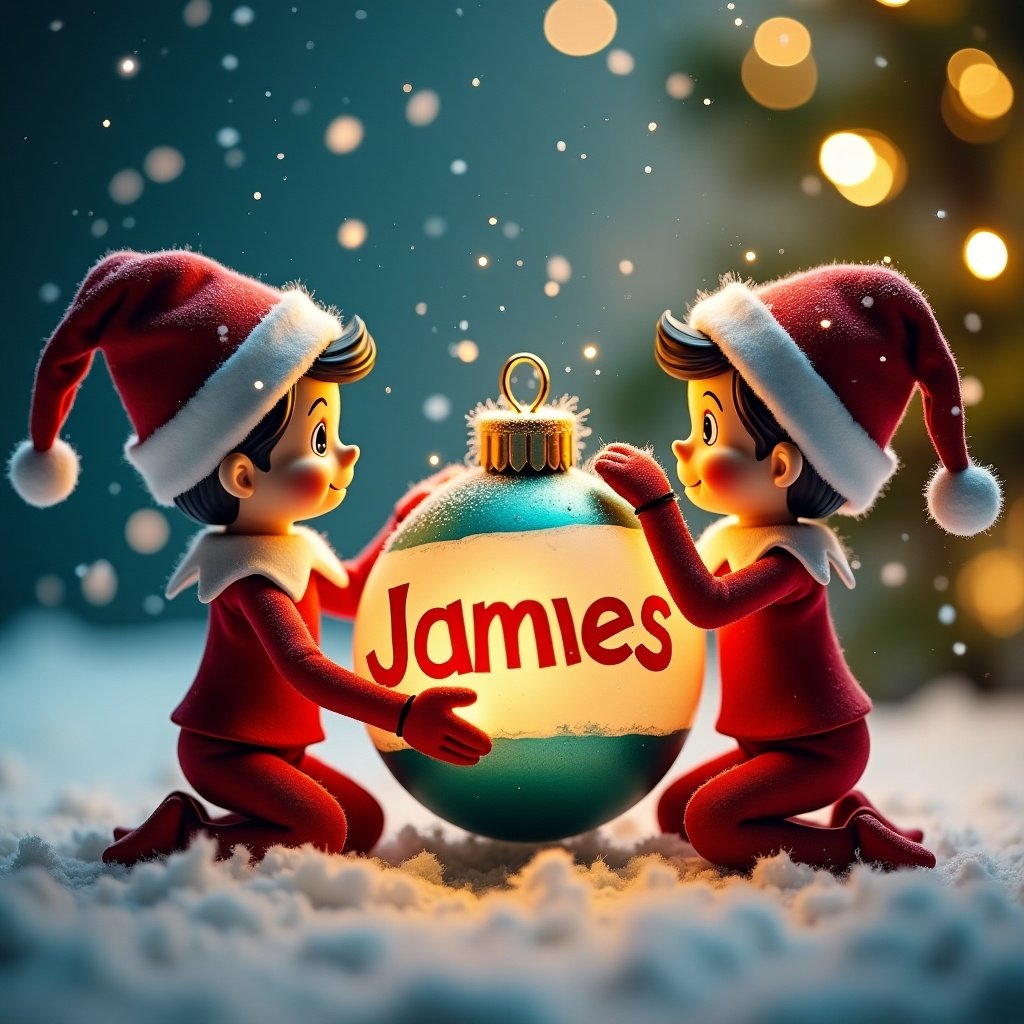 The image features two cheerful elves celebrating Christmas in a snowy setting. They are intimately engaged in holding a festive bauble with the name 'James' written on it. The background is filled with softly glowing lights that create a warm and inviting atmosphere. Both elves are dressed in traditional red and white outfits, showcasing a sense of holiday cheer. Snowflakes are gently falling around them, enhancing the magical feel of the scene. This image captures the essence of holiday joy and the spirit of giving, perfect for seasonal celebrations.