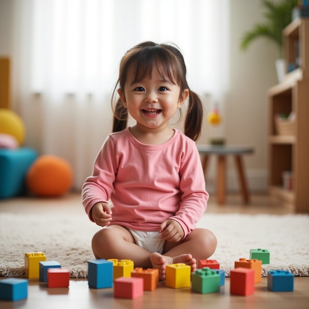 A four-year-old girl is sitting on a soft carpet, wearing a pink long-sleeve t-shirt and a diaper. She has a joyful expression, showcasing her cheerful personality. Surrounding her are colorful building blocks, creating a fun play environment. The room is bright and inviting, filled with soft toys in the background. This scene captures the essence of childhood playfulness and happiness, ideal for family-oriented content.