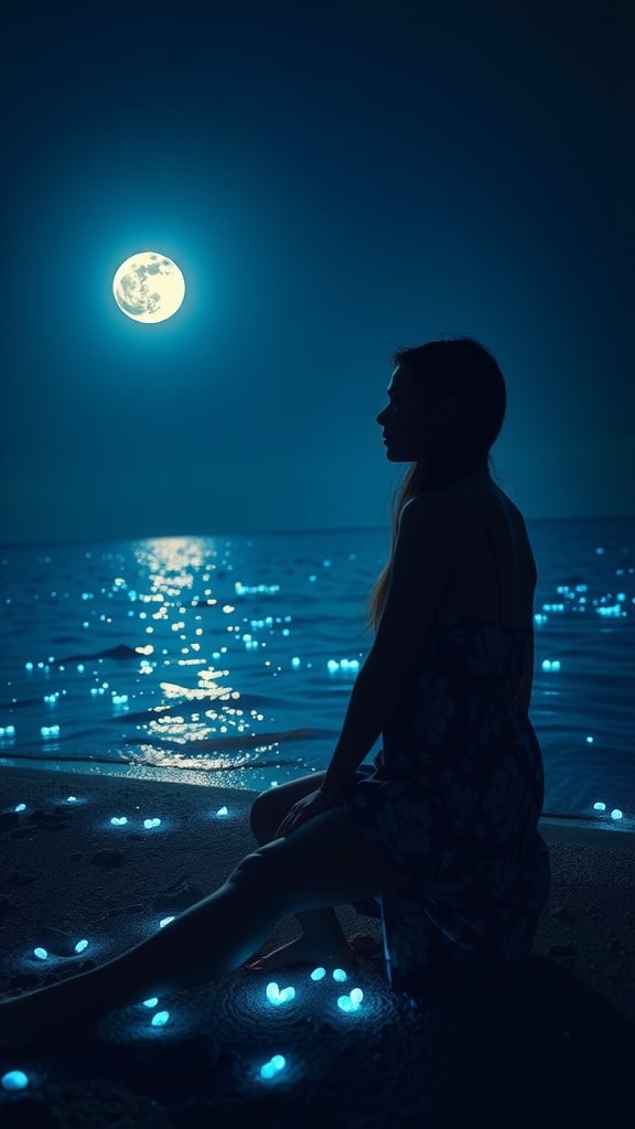 A silhouetted woman gazes at a glowing sea under a full moon, surrounded by bioluminescent lights on the beach.