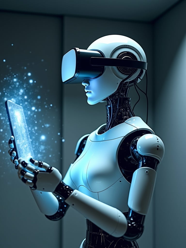 A humanoid robot is depicted exploring augmented reality using a virtual reality headset while interacting with a digital tablet. The futuristic design and sleek white and black casing emphasize the intersection of technology and human-like characteristics. Blue ambient lighting adds a high-tech and ethereal feel to the image, with digital particles emanating from the tablet showcasing advanced technological interactions.