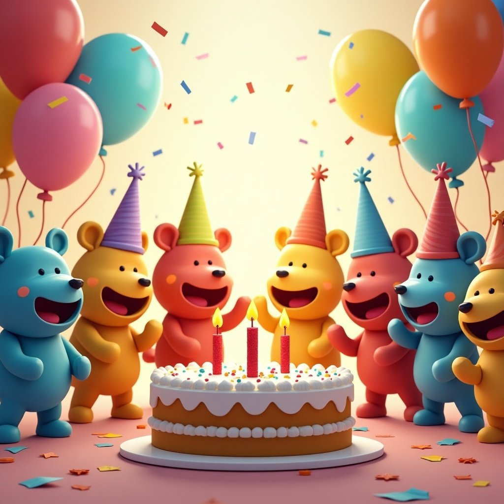 This image depicts a lively scene of cartoon-like bears celebrating a birthday. The bears are in vibrant colors and are wearing party hats. They are joyfully gathered around a beautifully decorated cake with colorful candles. Colorful balloons float in the background, adding to the festive atmosphere. Confetti is scattered throughout the scene, enhancing the celebratory mood. The overall tone is cheerful and playful, perfect for a children's birthday theme.