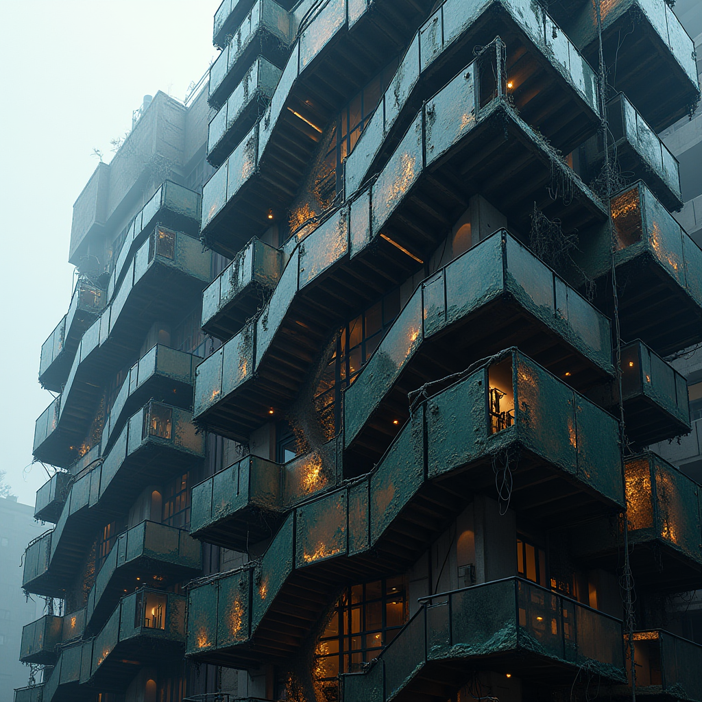 An abstract architectural facade featuring zigzagging balconies illuminated in a moody, misty setting.