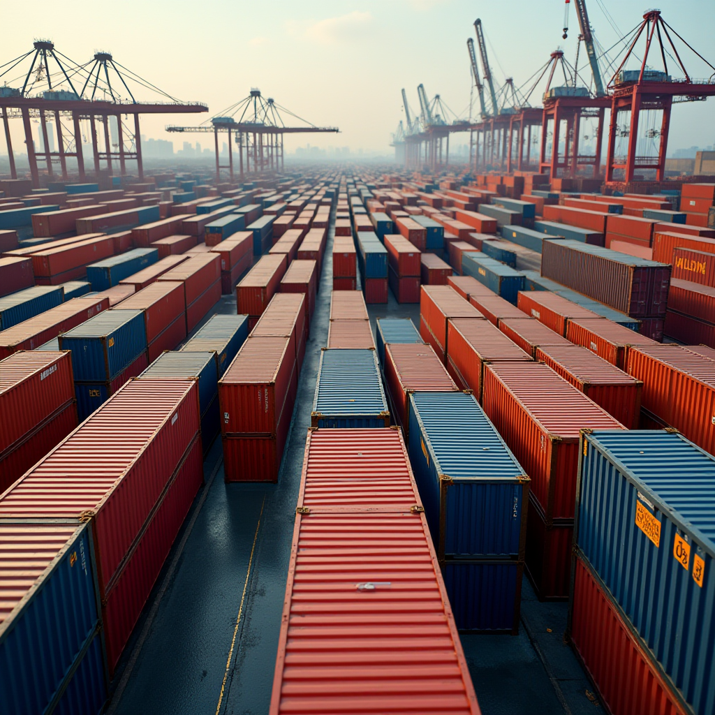 A vast array of red and blue shipping containers neatly stacked and aligned at a bustling port lined with cranes under a clear sky.