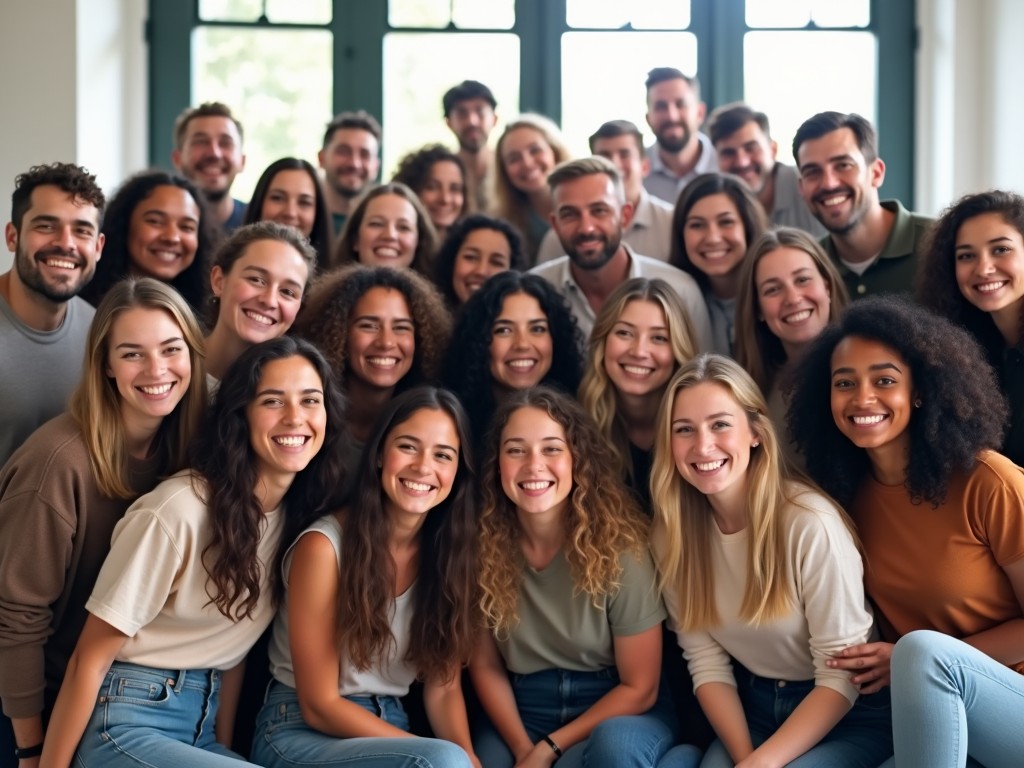 The image shows a large group of young adults smiling together, showcasing diversity in ethnicity and gender. Everyone appears happy and engaged, creating an inviting atmosphere. The setting looks bright and cheerful, encouraging a sense of community. They are casually dressed, giving the image a relaxed and friendly vibe. This photograph captures a moment of joy and connection among friends or colleagues.