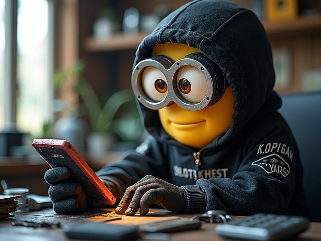 A minion character, recognizable by its yellow skin and large goggles, is seen intensely focused on a smartphone while sitting at a desk. Dressed in a dark hoodie, the minion appears to be in a cozy indoor setting with blurred bookshelf in the background. The image captures a playful yet industrious scene, suggesting the minion is perhaps engaged in some sort of secretive or creative task.