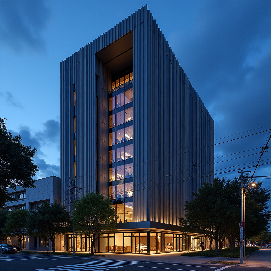 A sleek modern office building, illuminated against a twilight sky, showcasing a blend of steel and glass design.