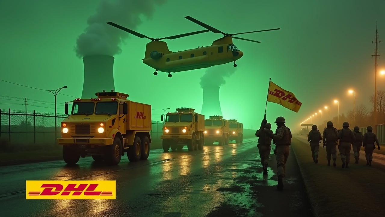 In a dramatic scene, several large armored cars painted with the DHL logo drive up to a fence. Soldiers holding rifles march in unison, with one valiant soldier holding a DHL flag. The background features smokestacks of a nuclear power plant, illuminated by a glowing green hue. Above, a large yellow Chinook helicopter adds intensity to the atmosphere. The ground is wet, reflecting the vehicles and surroundings. The DHL logo is prominently displayed at the bottom.