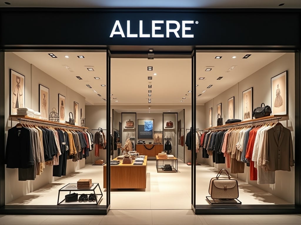 The image captures a stylish fashion store showcasing elegant clothing under the brand logo 'ALLERE'. The store features a clean and modern design with neutral colors. Clothes are neatly arranged on hangers, creating an organized display. The warm lighting enhances the shopping experience, highlighting the quality of the garments. Artworks adorn the walls, adding a touch of sophistication to the environment. A central table displays accessories, inviting customers to explore. The overall atmosphere is chic and inviting, ideal for fashion enthusiasts.