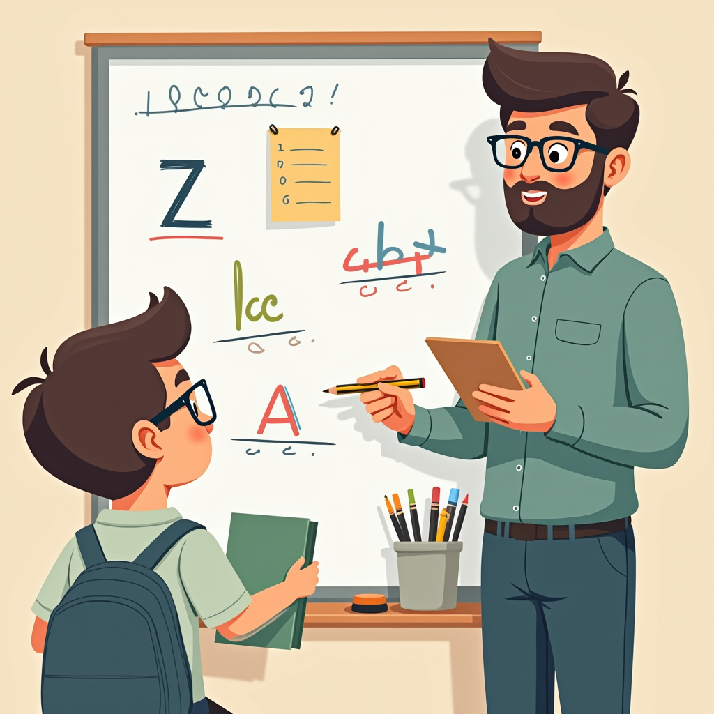 A teacher with glasses and a beard is instructing a young student with a backpack, standing by a whiteboard with colorful letters and drawings.