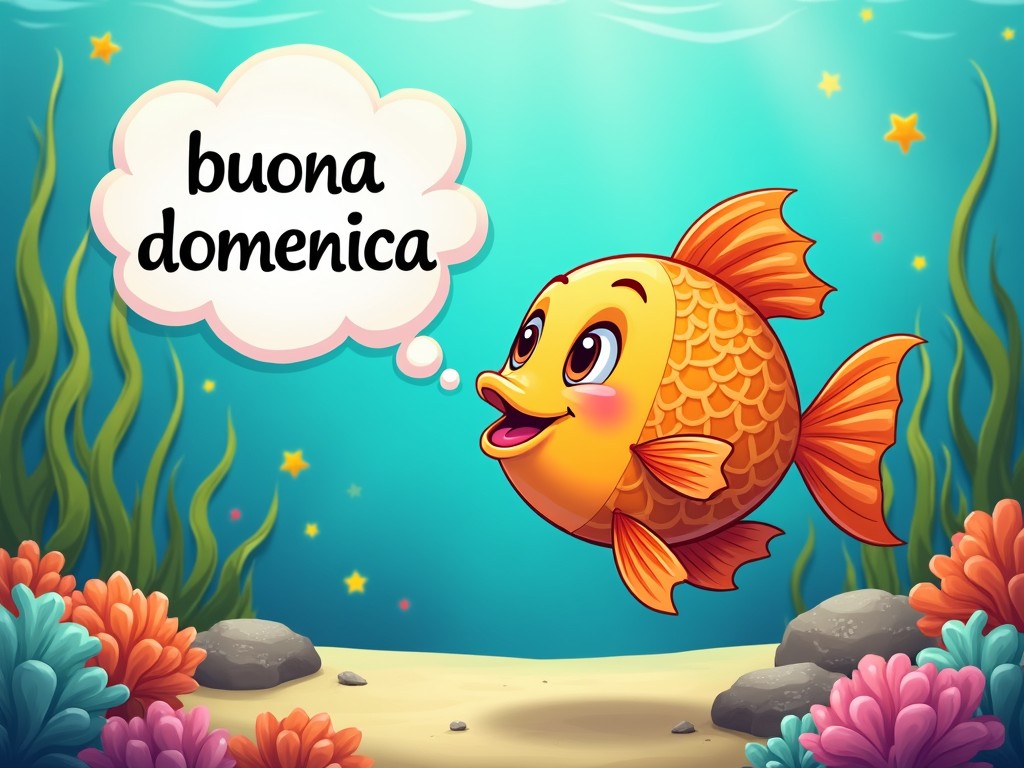 A vibrant illustration featuring a colorful, animated fish happily exclaiming 'buona domenica' in a speech bubble. The underwater scene is lively and dynamic, with various shades of blue and green, as well as colorful corals decorating the seafloor. The fish's expressive eyes and smiling mouth add a whimsical touch to the cheerful Sunday greeting.