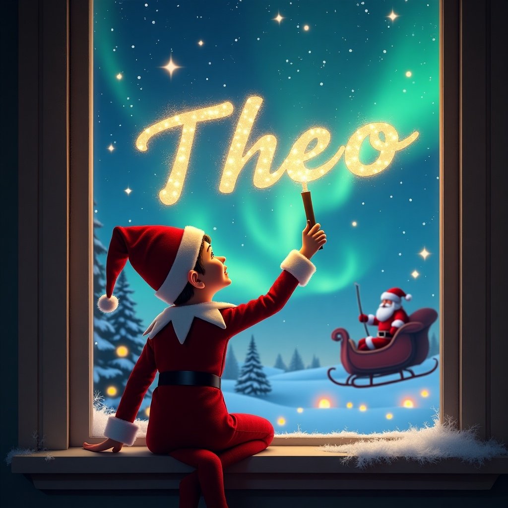 The image features an enchanting Christmas scene with an elf sitting on a window ledge. The elf, with his back to the viewer, is joyfully writing the name 'Theo' in sparkling letters using a wand. The background showcases a magical night sky filled with twinkling stars and colorful northern lights, evoking a sense of wonder. In the distance, Santa Claus can be seen in his sleigh, flying through the festive atmosphere. The Christmas-themed outfit of the elf adds a traditional touch to this whimsical scene.