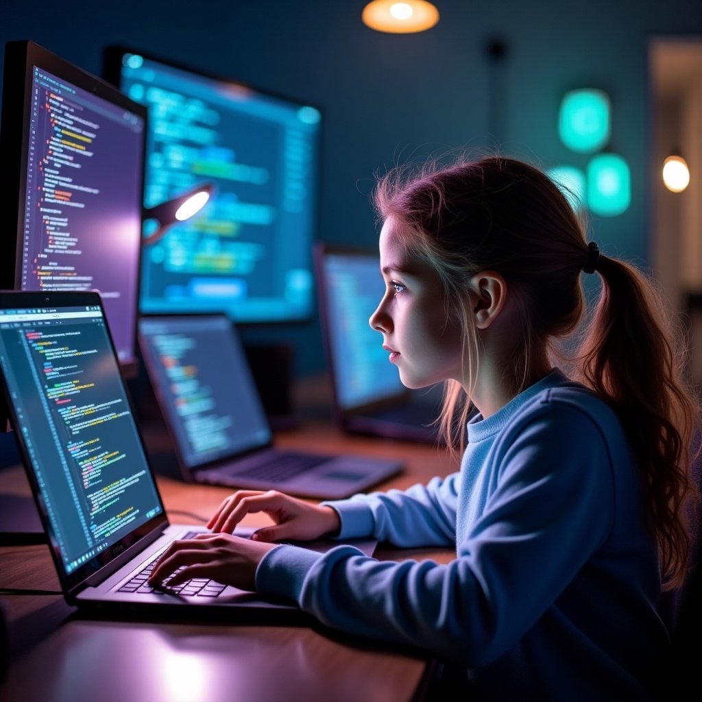 A young girl is deeply focused on coding at her desk. She sits in front of two laptops, one lit by a bright lamp. The screens show lines of code, illustrating her engagement in programming. The environment is dimly lit with a modern, tech-inspired ambiance. This image captures the essence of youth and technology, emphasizing digital learning and innovation.