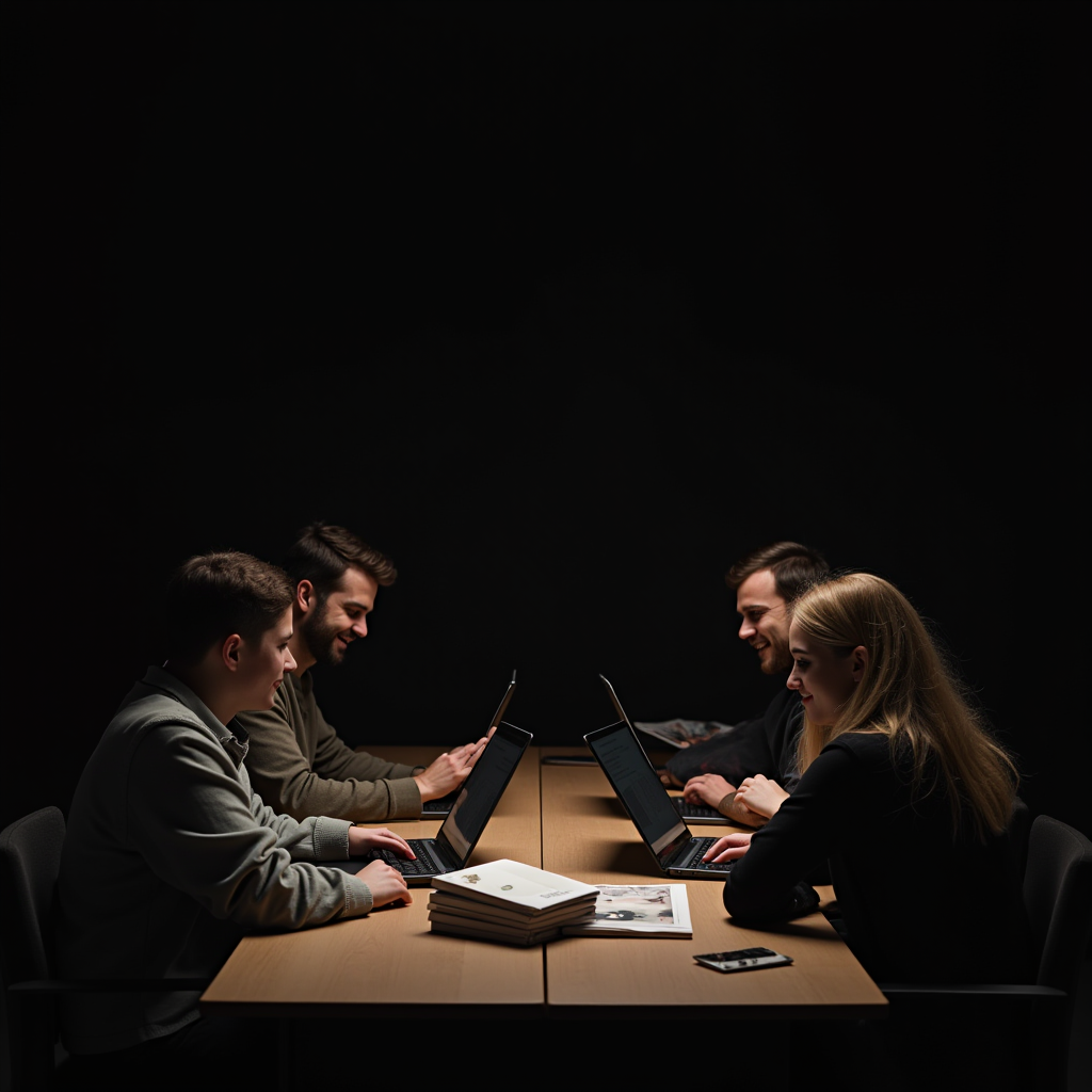 Four individuals diligently work on laptops around a table, illuminated by a single overhead light in a dark setting.