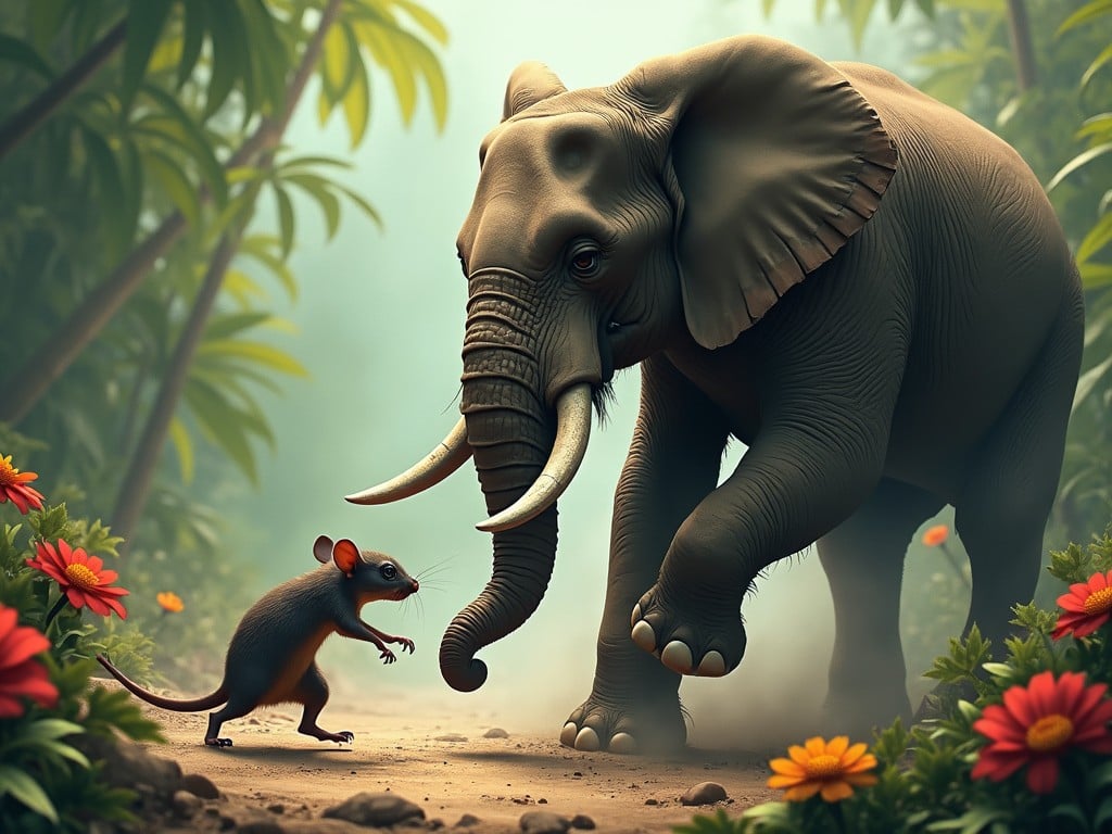 In a lush green jungle, an elephant and a mouse are depicted in a whimsical interaction. The elephant, with its large features and gentle eyes, reaches out with its trunk, inviting the mouse to come closer. The mouse appears curious yet cautious, creating a sense of wonder and camaraderie between the two animals. Vivid flowers in shades of orange and yellow frame the scene, while soft, diffused light gives a magical feel. This image combines elements of wildlife and fantasy, perfect for a children's story.