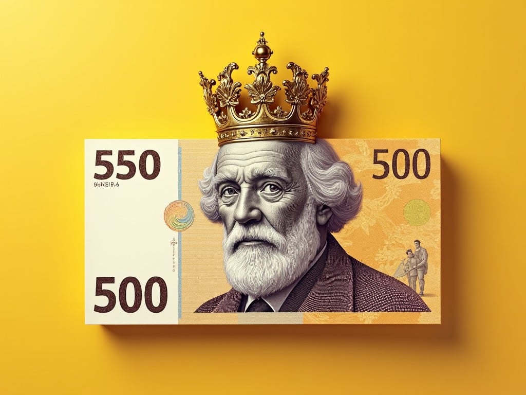 This image depicts a 500-unit banknote featuring a detailed portrait of an elderly man. He is adorned with an ornate golden crown, symbolizing richness or royalty. The background is a bright, solid yellow, adding vibrancy to the design. The notes are typically used in financial transactions. This conceptual artwork combines elements of currency design with artistic flair.