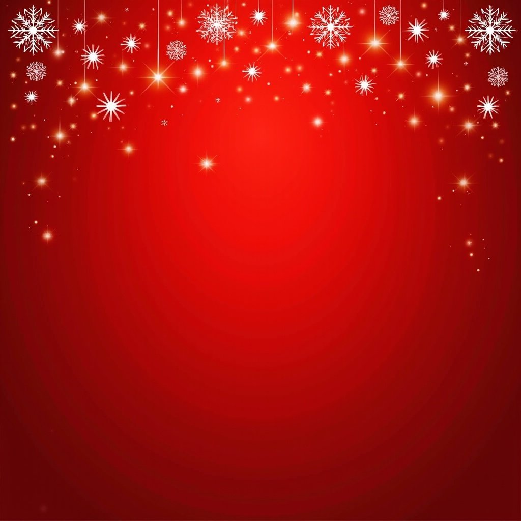 This image is a vibrant red background adorned with white snowflakes and sparkling stars. The design is festive and joyous, ideal for conveying holiday cheer. Snowflakes of various shapes hang from the top, creating a whimsical feel. The bright sparkles enhance the celebratory atmosphere. This backdrop would be perfect for sending warm wishes for Christmas and the New Year.