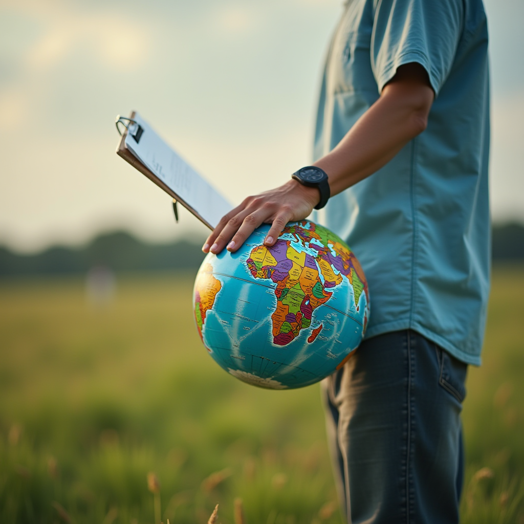 A person holding a globe and clipboard stands in a grassy field under a clear sky.