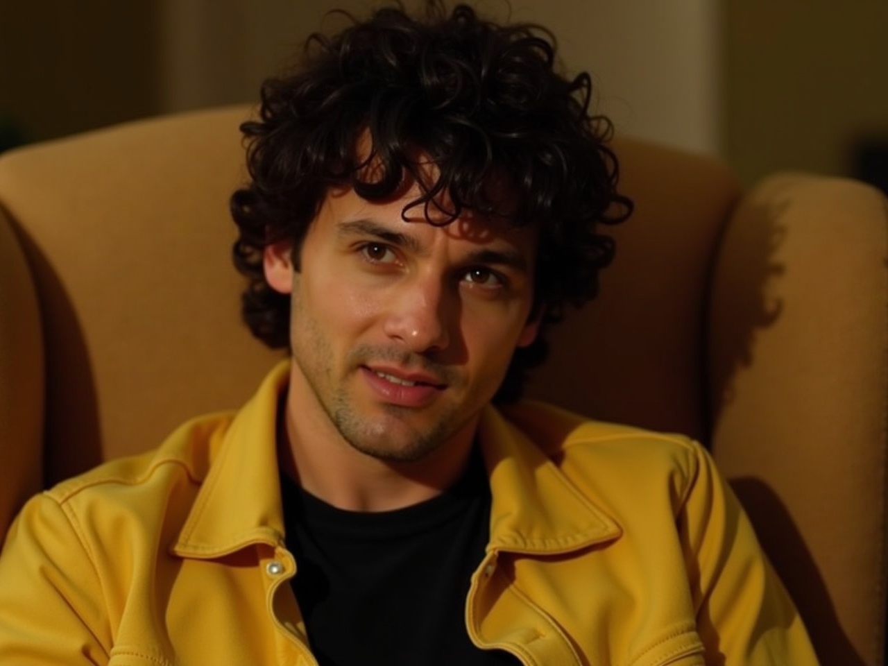 The image shows a man with dark, curly hair, looking directly at the camera with an intense expression. He is wearing a yellow jacket and a black shirt underneath. The background is softly blurred, emphasizing his face and attire. The lighting is warm, adding depth to his features. He seems to be sitting in a cozy, inviting space, indicated by the shape of a chair behind him. The overall mood of the image feels contemplative and engaging.