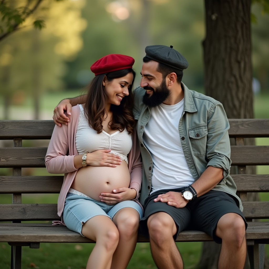 A couple wearing berets sitting lovingly on a park bench, embracing and smiling at each other.