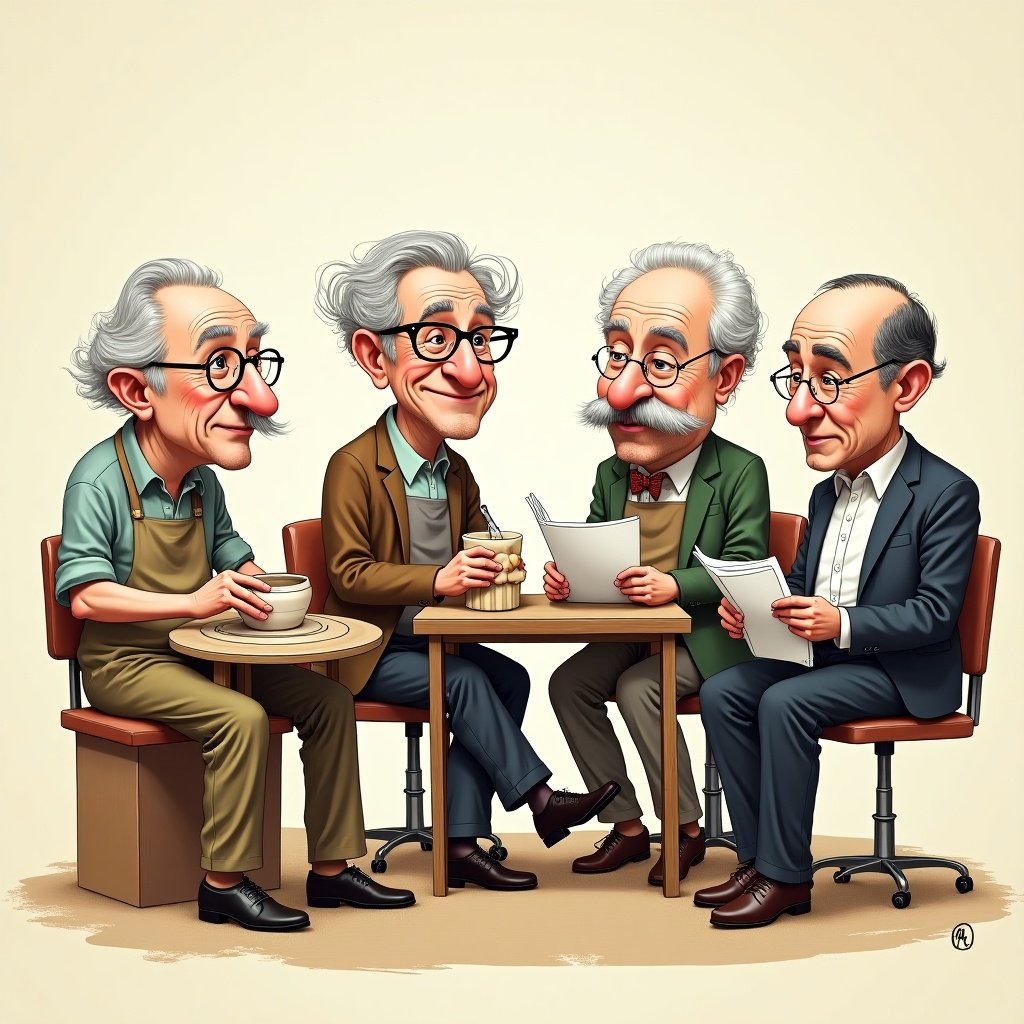 This image features a charming caricature of famous psychologists including Kahneman, Zimbardo, Milgram, Asch, and Festinger. They are engaging in light-hearted activities like doing pottery, baking cakes, watching TV, reading an academic paper, and sewing. The characters have playful expressions, showcasing their unique personalities. The table is filled with various items related to their activities, creating a lively and humorous scene. The background is a soft beige tone, accentuating the vivid colors of the characters. This illustration combines elements of psychology with everyday activities, emphasizing the lighter side of these influential figures.