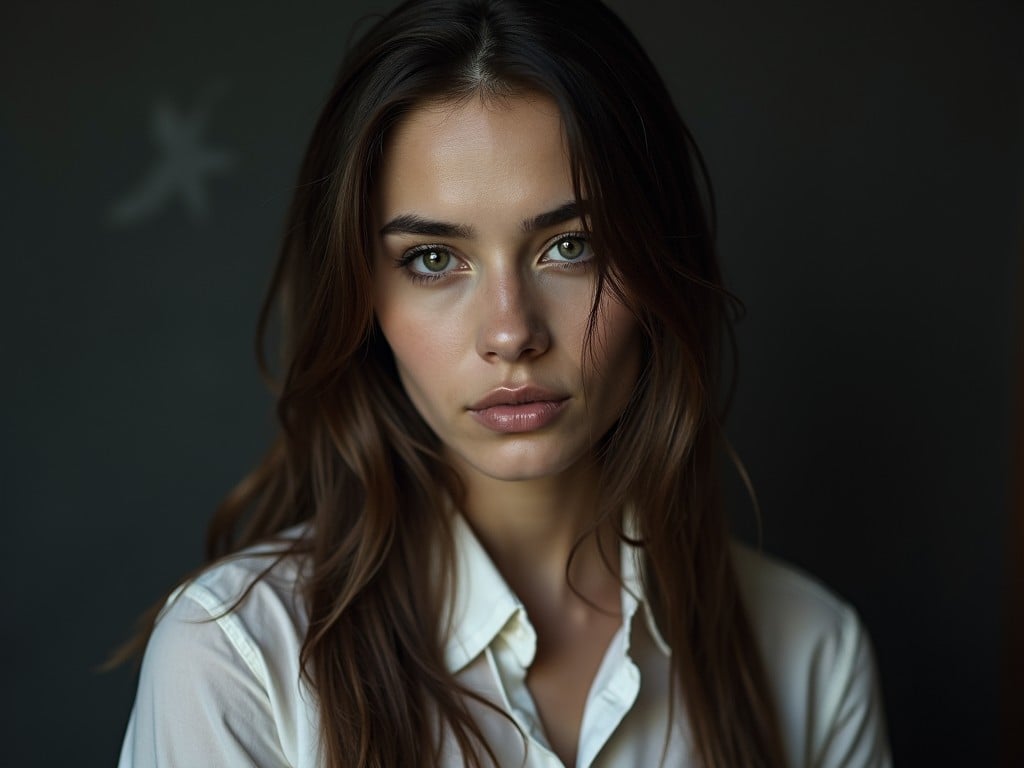 portrait of a woman with long brown hair, serious expression, white shirt, dark background