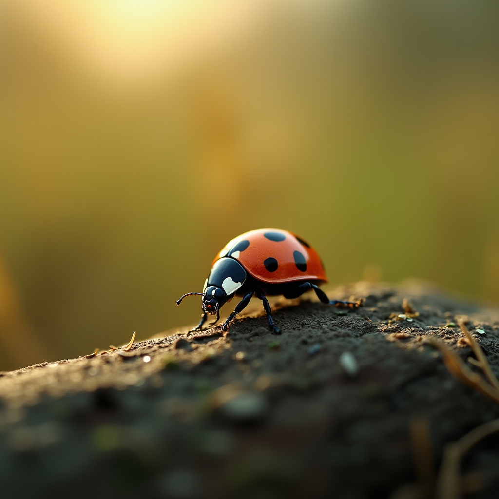 A ladybug with a red shell and black spots crawls on a branch in soft, golden light.