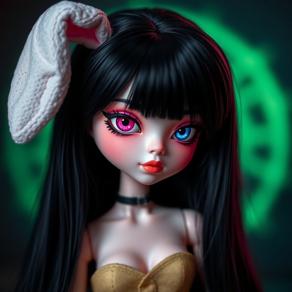 A close-up of a doll with long black hair, a white bunny ear, and heterochromia (one pink eye and one blue eye). The background is mystical with a green glow.