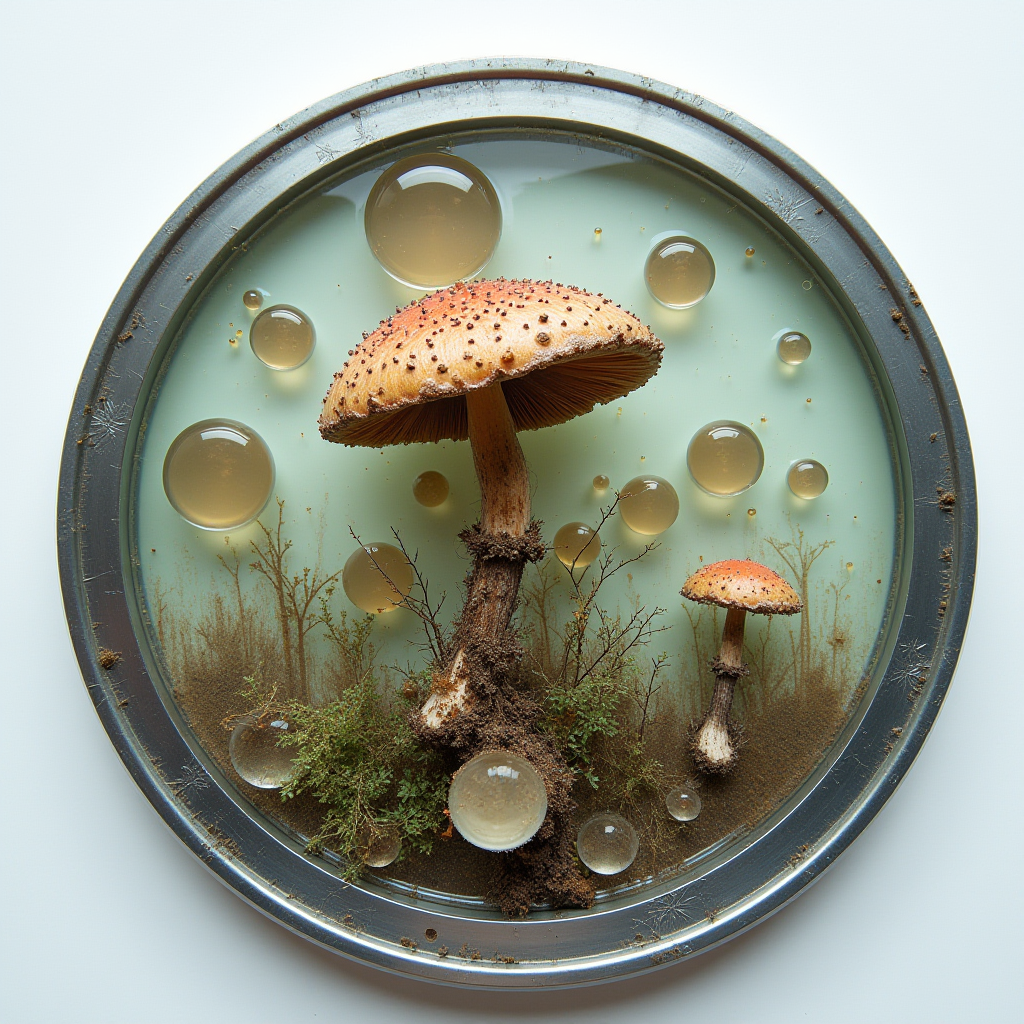 The image depicts a circular art piece featuring a lush and detailed miniature ecosystem centered around two mushrooms. The larger mushroom dominates the scene, standing upright with its textured cap dotted with tiny, dark specks. Next to it, a smaller mushroom, similarly styled, adds balance to the composition. The environment is contained within a shallow metallic dish, and the base is covered with earthy textures and small plant life.

Surrounding the mushrooms are translucent, spherical droplets that hover above a greenish background, resembling a surreal landscape. These droplets create a dreamlike atmosphere, suggesting moisture or morning dew within this tiny, self-contained world. The overall effect is both realistic and imaginative, providing a unique visualization of natural beauty and artistic creativity.