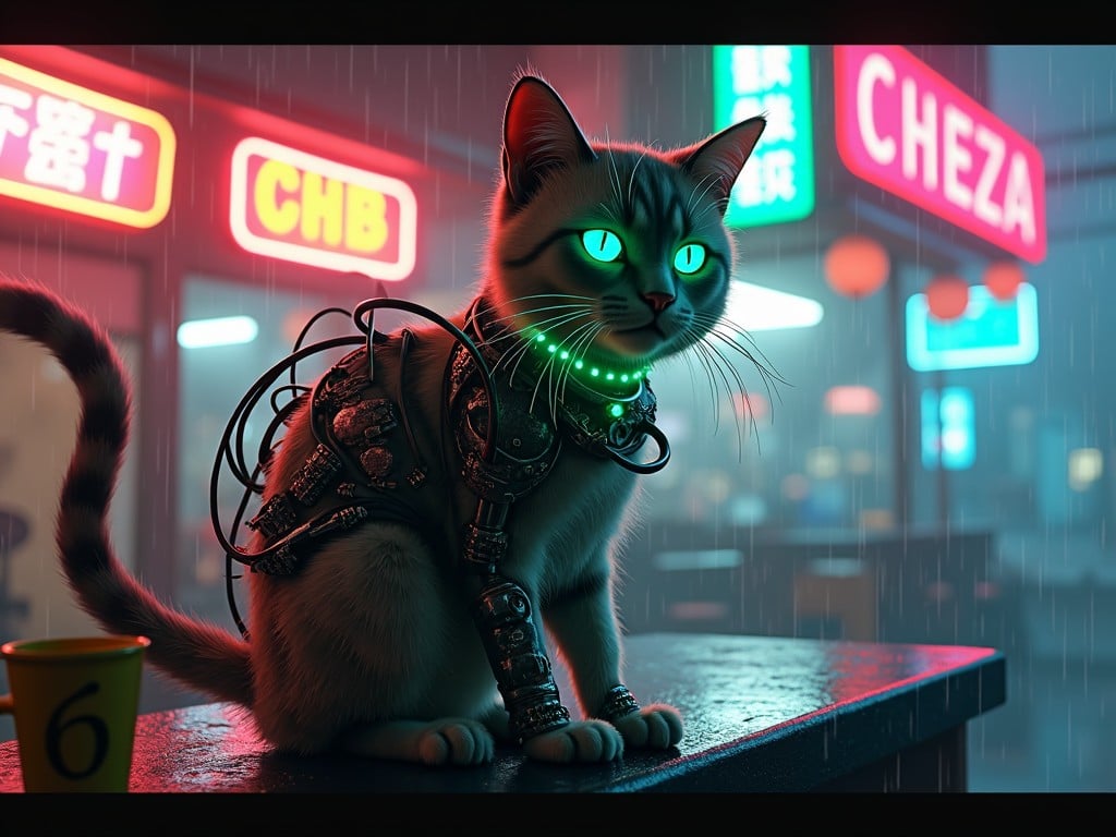 A futuristic cyberpunk scene featuring a cat with glowing green eyes and cybernetic enhancements, sitting on a wet table in a cityscape with neon signs and rain.