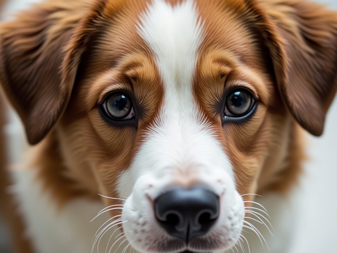 This image features a close-up portrait of a dog showcasing its expressive eyes and soft fur. The dog's coat is a beautiful combination of brown and white, creating a warm and inviting appearance. With a clear focus on the dog's face, the details of its features are vividly highlighted. Natural lighting enhances the softness of the fur, adding depth to the dog's expressions. This portrait evokes a sense of affection and familiarity with the subject, appealing to dog lovers.