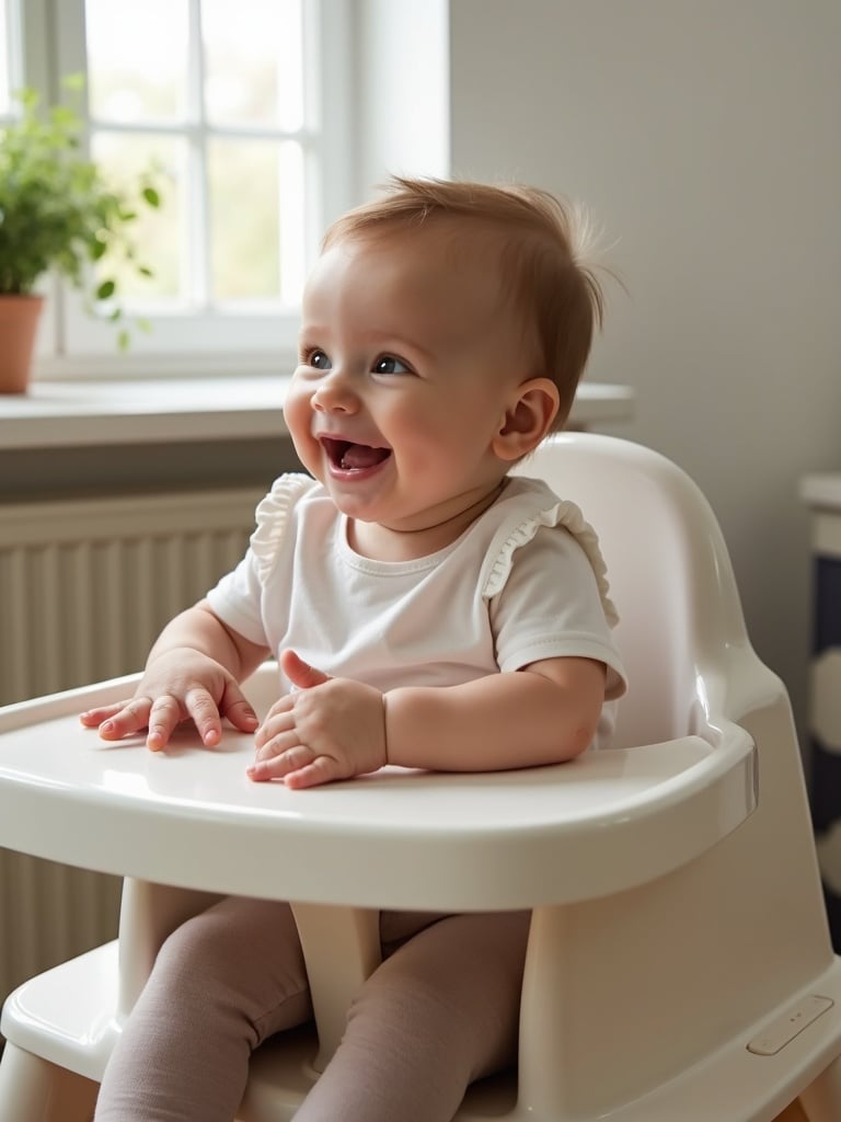 A delighted baby is seated in a highchair, lit by natural light streaming through a nearby window. The baby wears a white top with soft ruffles on the shoulders and looks animated with a wide smile, likely enjoying play or anticipating a meal. The warm colors and gentle light create a serene and joyful atmosphere, emphasized by a plant visible in the background.