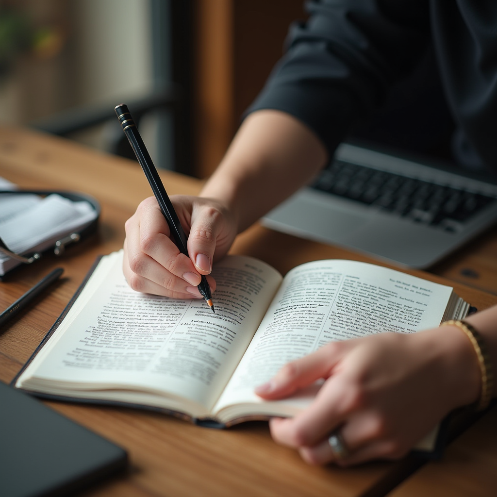 A person is studying and making notes in a book at a wooden desk with a laptop nearby.